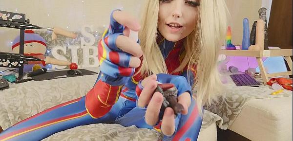  Amateur teen in suit Captain Marvel tests new toys Bad Dragon Sia Siberia